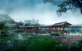 비오는 날, 공원, 덮여 다리, 나무, 호수, 경로, 3D 설계 HD 배경 화면