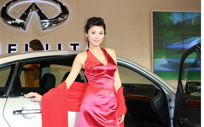 자동차와 빨간 드레스 중국 소녀 배경 화면 그림