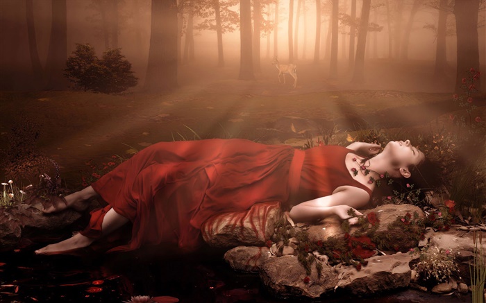 빨간 드레스 판타지 소녀, 숲에서 잠 배경 화면 그림