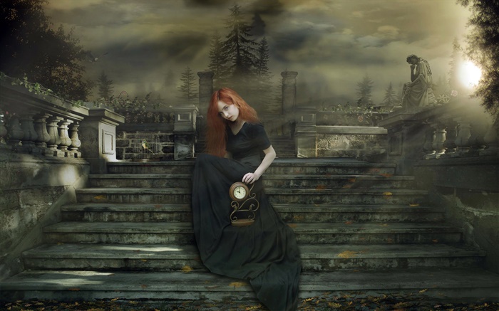 빨간 머리 판타지 소녀, 계단, 시계, 밤 배경 화면 그림