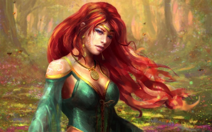 숲에서 빨간 머리 판타지 소녀 배경 화면 그림