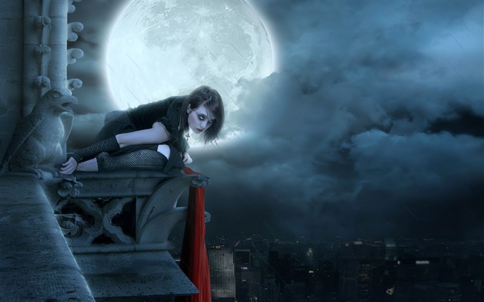 달 밤에 레드 립 판타지 소녀, 도시 배경 화면 그림