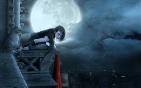 달 밤에 레드 립 판타지 소녀, 도시 HD 배경 화면