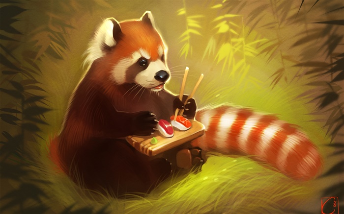 레드 팬더 먹는 음식, 초밥, 곰, 창조적 인 그림 배경 화면 그림