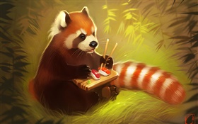 레드 팬더 먹는 음식, 초밥, 곰, 창조적 인 그림 HD 배경 화면