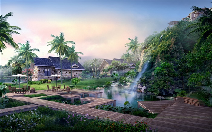 리조트, 폭포, 야자 나무, 집, 열대, 3D 설계 배경 화면 그림
