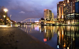 강, 건물, 다리, 램프, 밤, 도시 HD 배경 화면