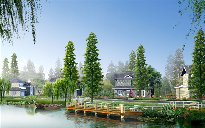 강, 나무, 보트, 주택, 3D 디자인 사진 배경 화면 그림