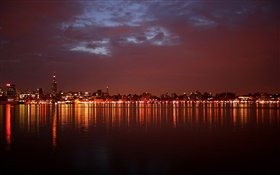 강, 물 반사, 도시, 조명, 밤 HD 배경 화면