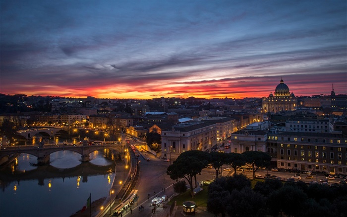 로마, 이탈리아, 바티칸, 저녁, 일몰, 주택, 강, 다리 배경 화면 그림
