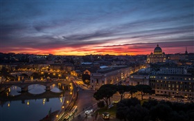 로마, 이탈리아, 바티칸, 저녁, 일몰, 주택, 강, 다리 HD 배경 화면
