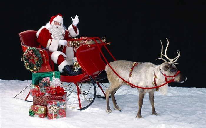 산타, 사슴, 썰매, 선물, 크리스마스 테마 배경 화면 그림