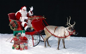 산타, 사슴, 썰매, 선물, 크리스마스 테마 HD 배경 화면