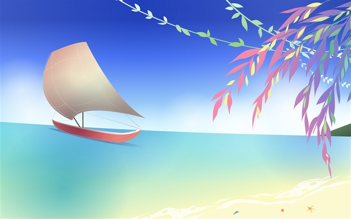 바다, 해변, 보트, 나뭇 가지, 봄, 벡터 디자인 배경 화면 그림
