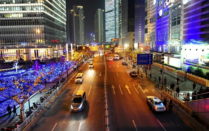 상하이, 거리, 조명, 밤, 도시, 중국 배경 화면 그림