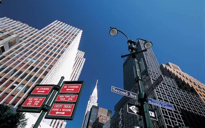 표지판, 고층 빌딩, 뉴욕, 미국 배경 화면 그림