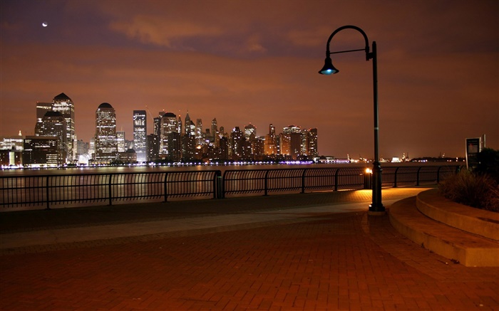 고층 빌딩, 강, 조명, 도시, 거리, 램프 배경 화면 그림