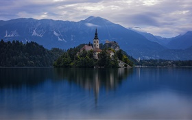 슬로베니아, 아일랜드, 교회, 호수, 나무, 산, 새벽 HD 배경 화면