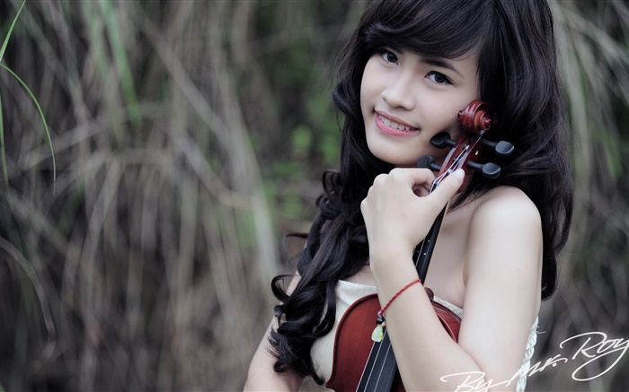 아시아 여자, 음악, 바이올린 스마일 배경 화면 그림