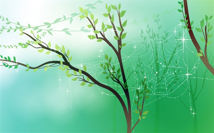 봄, 녹색, 나무, 나뭇잎, 거미줄, 이슬, 벡터 이미지 배경 화면 그림