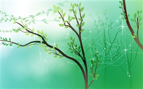 봄, 녹색, 나무, 나뭇잎, 거미줄, 이슬, 벡터 이미지 HD 배경 화면