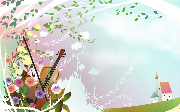 봄, 꽃, 바이올린, 나무, 집, 벡터 사진을 테마 배경 화면 그림