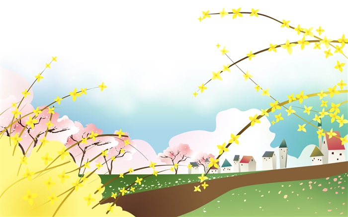 봄, 노란 꽃, 집, 벡터 디자인 배경 화면 그림