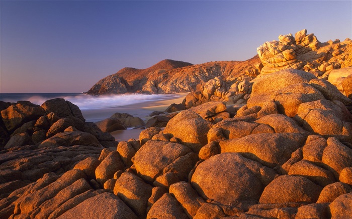 돌, 해변, 바다, 해안, 황혼 배경 화면 그림