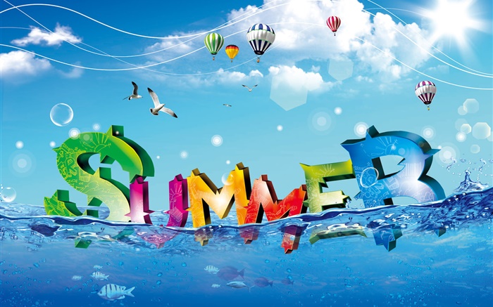 여름, 창조적 인 디자인, 다채로운, 물, 물고기, 새, 풍선 배경 화면 그림