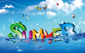 여름, 창조적 인 디자인, 다채로운, 물, 물고기, 새, 풍선 HD 배경 화면