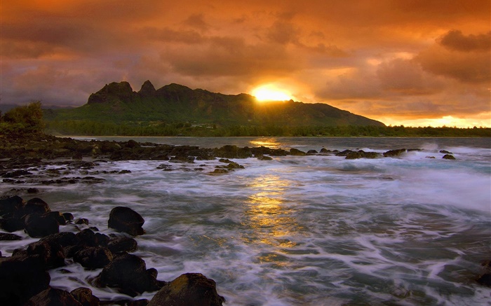 일몰, 붉은 하늘, 구름, 해안, 바위, 하와이, 미국 배경 화면 그림