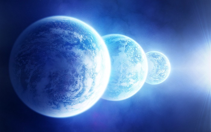 세 개의 파란색 행성 배경 화면 그림