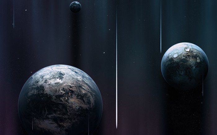 세 개의 행성, 공간, 혜성 배경 화면 그림