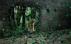 호랑이는 숲, 녹색 잎, 창조적 인 사진을 비행