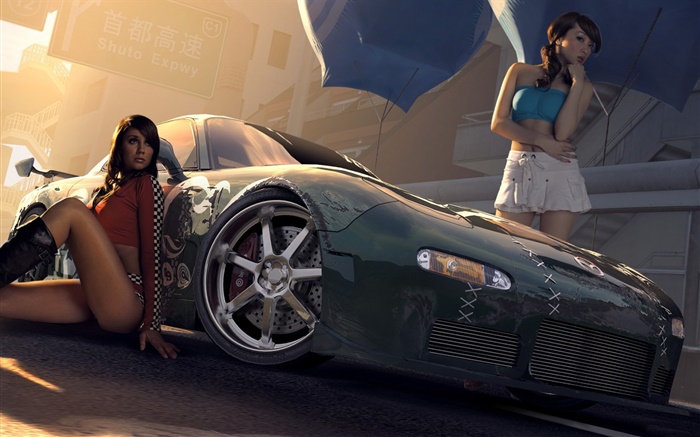 마쓰다 자동차와 두 여자 배경 화면 그림