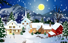 벡터 사진, 두꺼운 눈, 집, 달, 크리스마스 HD 배경 화면