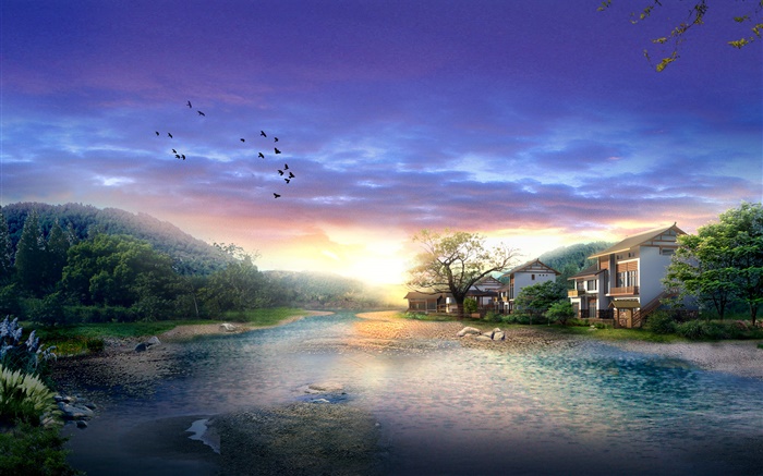 마을, 강, 나무, 새, 일몰, 구름, 3D 디자인 렌더링 배경 화면 그림