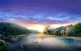 마을, 강, 나무, 새, 일몰, 구름, 3D 디자인 렌더링