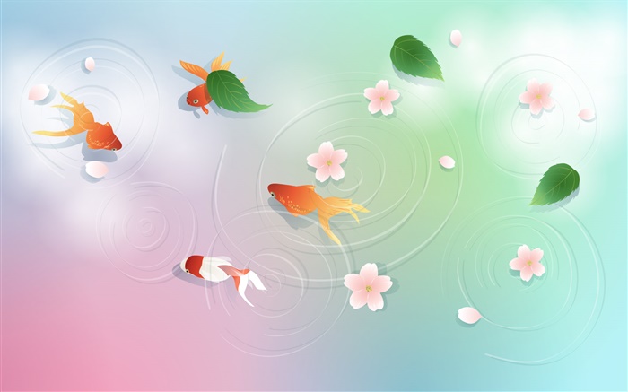 물, 금붕어, 잎, 꽃, 벡터 디자인 배경 화면 그림