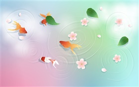 물, 금붕어, 잎, 꽃, 벡터 디자인 HD 배경 화면