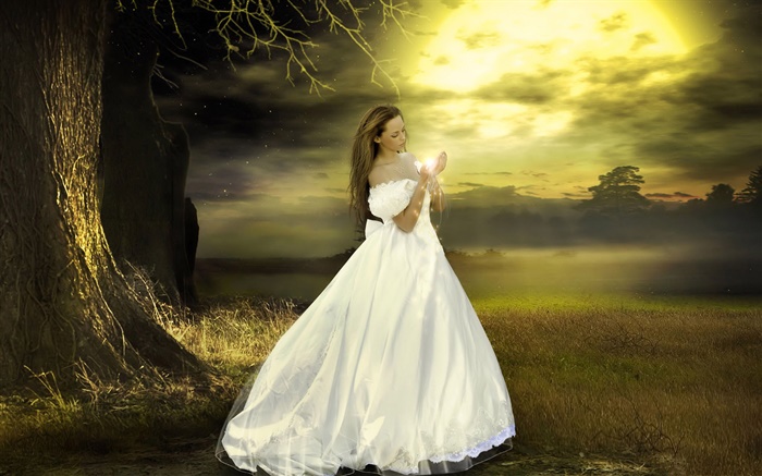 화이트 드레스 판타지 소녀, 황혼, 마법 배경 화면 그림