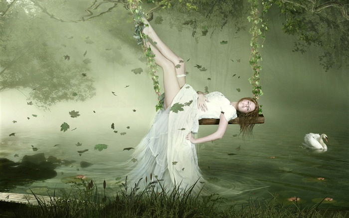 스윙, 백조, 호수, 잎에 누워 흰 드레스 판타지 소녀 배경 화면 그림
