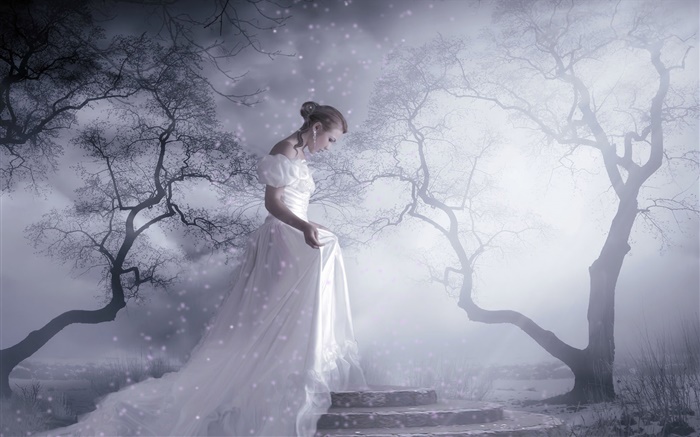 화이트 드레스 판타지 소녀, 나무, 눈, 광선 배경 화면 그림