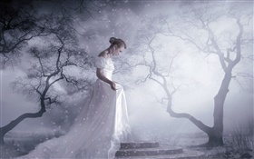 화이트 드레스 판타지 소녀, 나무, 눈, 광선 HD 배경 화면