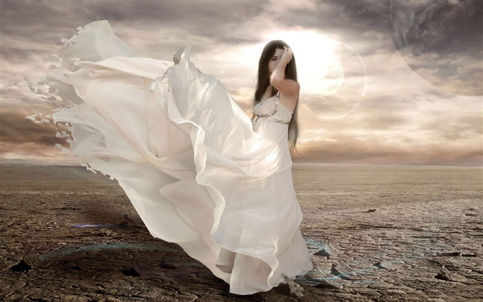 화이트 드레스 판타지 소녀, 바람, 태양 배경 화면 그림