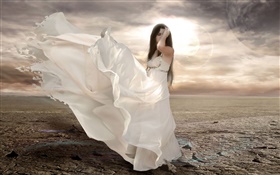화이트 드레스 판타지 소녀, 바람, 태양 HD 배경 화면