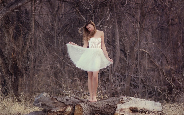 흰 드레스 소녀, 숲, 외로운 배경 화면 그림