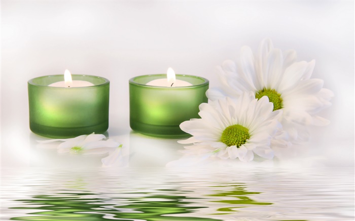 흰 꽃, 촛불, 물, SPA 배경 화면 그림