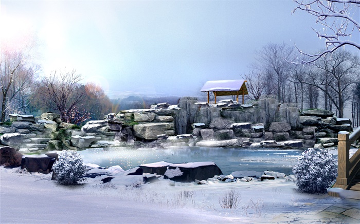 겨울, 두꺼운 눈, 돌, 나무, 연못, 3D 이미지를 렌더링 배경 화면 그림