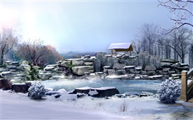 겨울, 두꺼운 눈, 돌, 나무, 연못, 3D 이미지를 렌더링 HD 배경 화면
